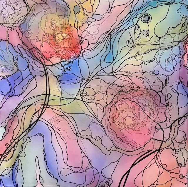 Abstract alcohol ink with colorful floral patterns and black contour lines.