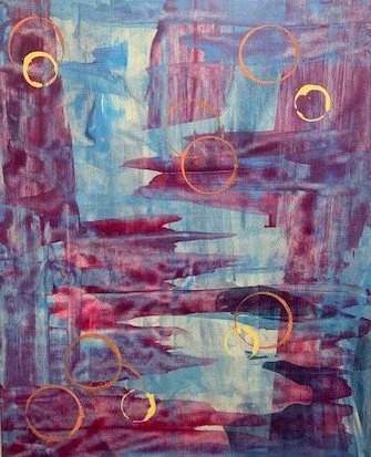 Abstract painting with blue and purple brushstrokes and yellow circles.