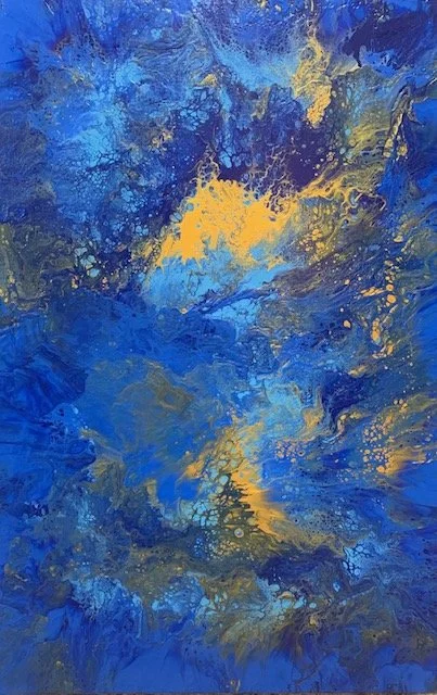 Abstract painting with shades of blue and yellow, featuring swirling patterns and textures.