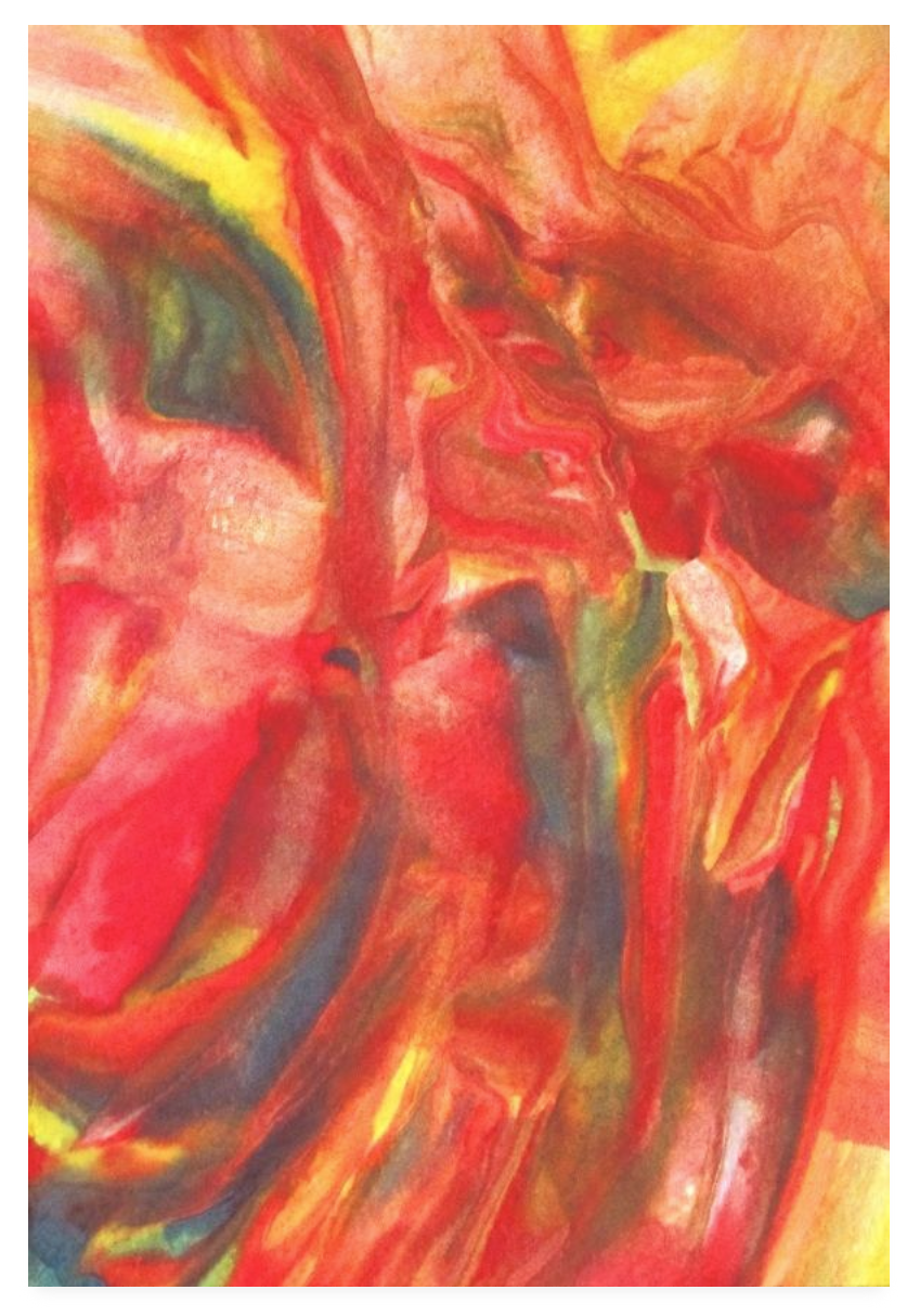 Abstract painting with swirling reds, oranges, yellows, greens, and hints of blue, creating a vibrant and dynamic composition.