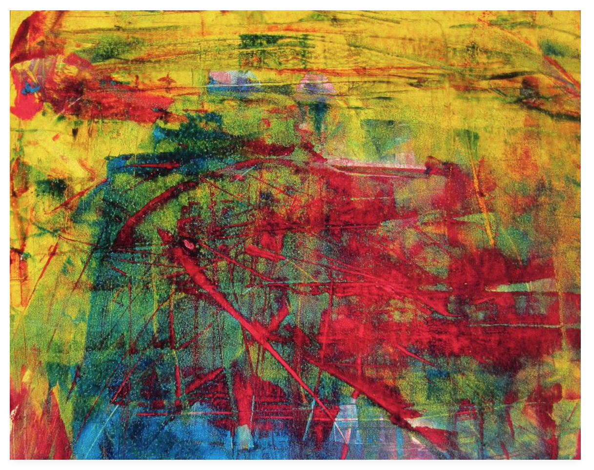 Abstract painting with vibrant colors, including red, yellow, green, and blue, featuring splashes and streaks of paint.