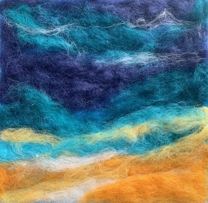 Colorful abstract wool felted artwork with shades of blue, purple, teal, yellow, and orange.