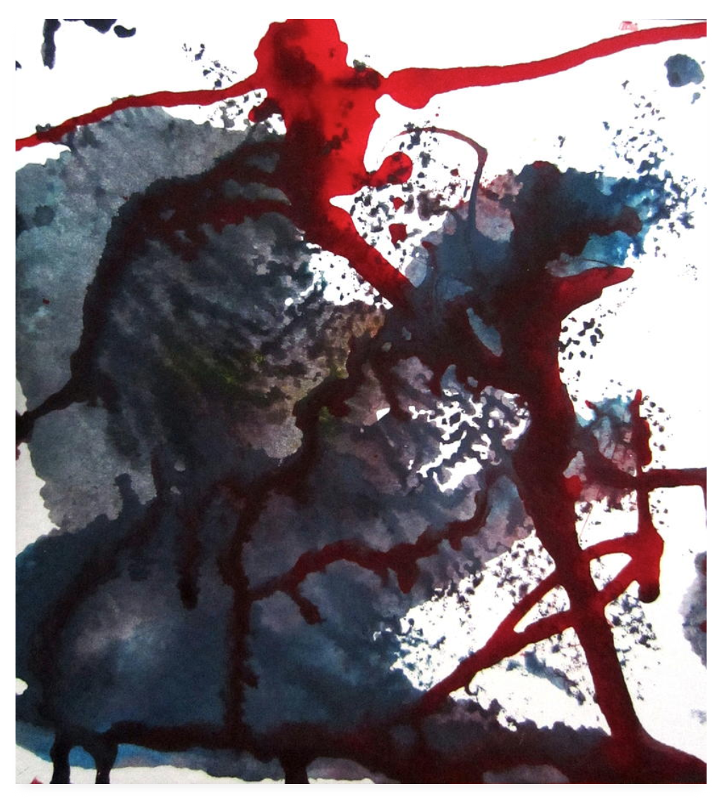 Abstract art with black, gray, and blue watercolor splashes and red ink splatters on a white background.