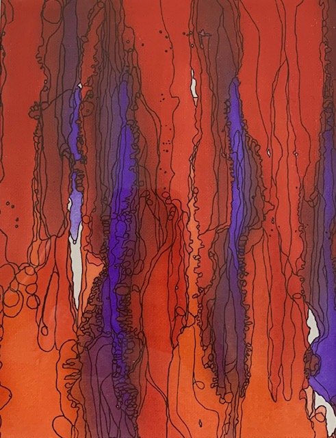 Abstract alcohol ink painting with red, purple, blue, black, white, and orange streaks and lines.