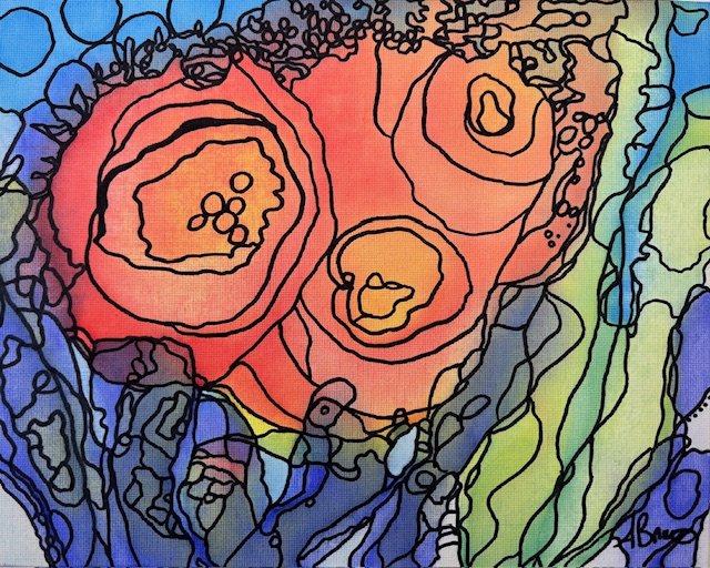 Abstract colorful painting with red, orange, yellow shapes resembling a face, surrounded by blue, green, and purple abstract lines.