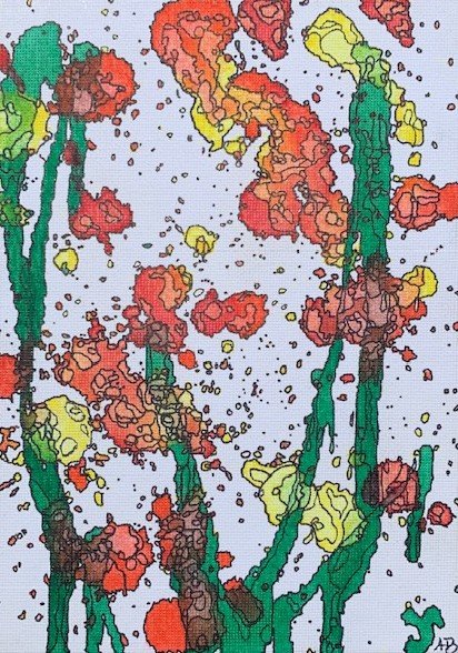 Abstract pattern of colorful, elongated shapes in shades of red, orange, yellow, green, and brown on a light background.