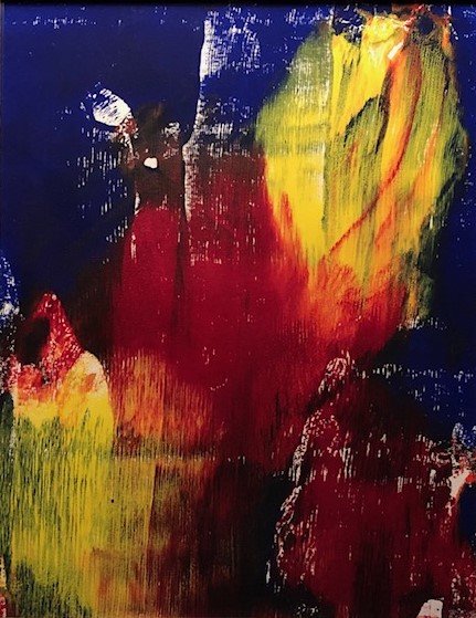 Abstract painting with bold brushstrokes in red, yellow, blue, and black colors.