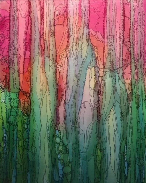 Abstract painting with vertical streaks of pink, red, green, and blue.