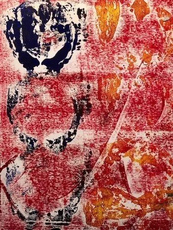 Abstract artwork featuring a black and white face portrait with red, orange, and yellow paint splatters and brushstrokes.