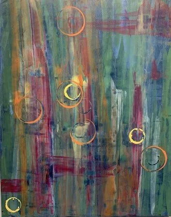 Abstract painting with vertical brushstrokes in green, blue, purple, yellow, red, and orange, featuring multiple orange and yellow rings.
