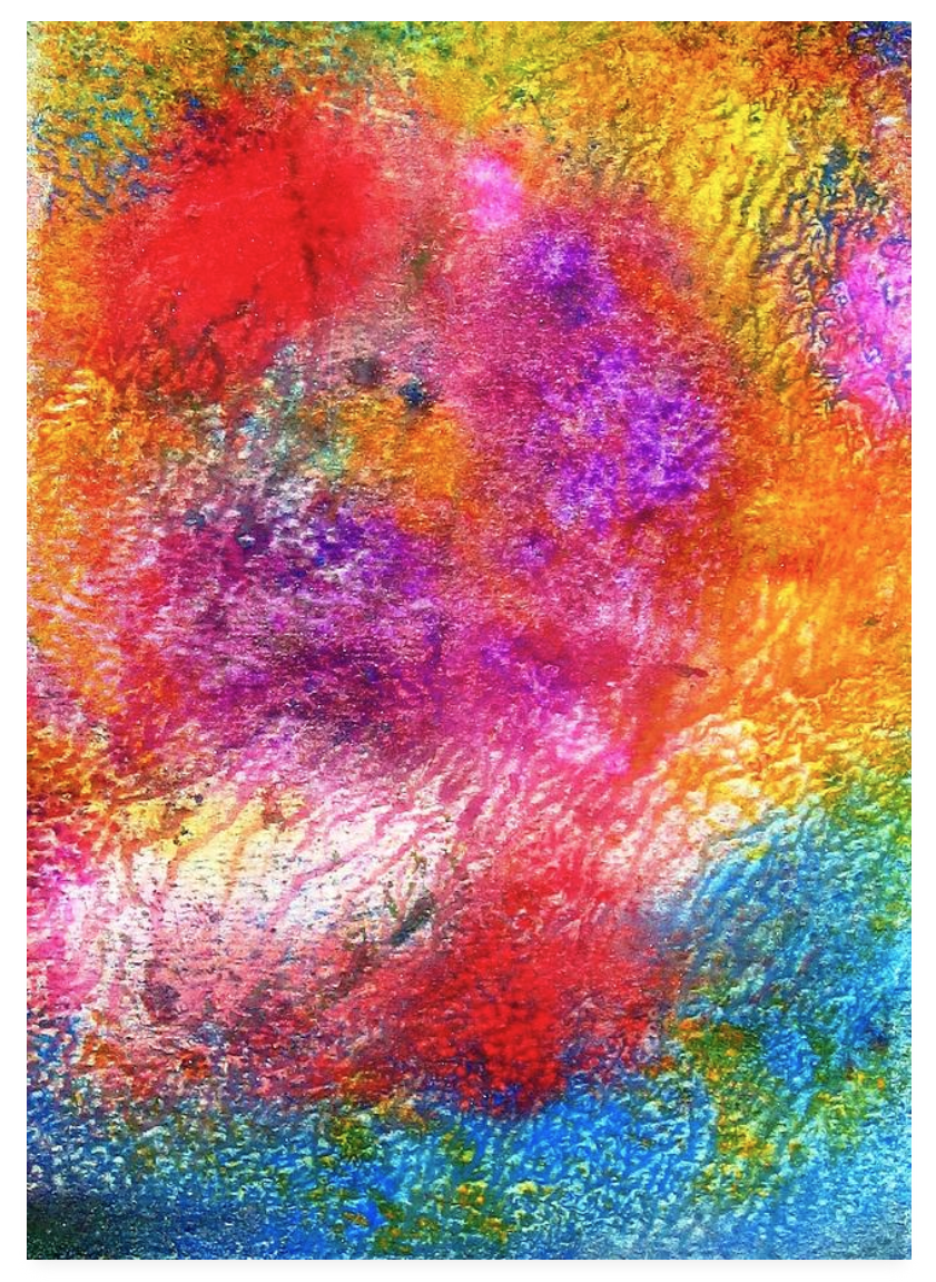 Abstract colorful painting with vibrant reds, pinks, purples, greens, blues, and yellows blending together.