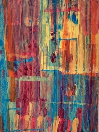 Abstract painting with vertical and horizontal brushstrokes in red, yellow, blue, green, and orange.