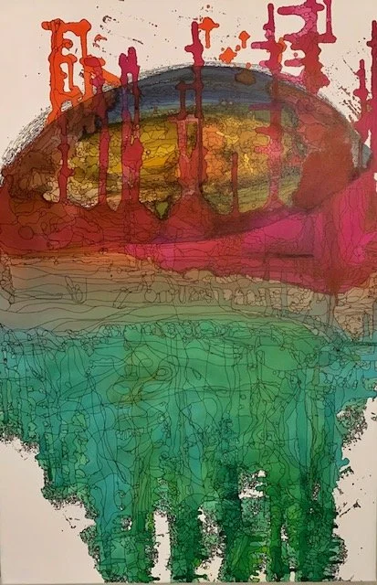 Abstract alcohol ink painting with vibrant colors, including red, orange, yellow, pink, green, and purple, with drip and line patterns.