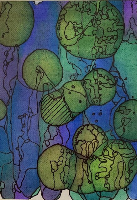 Colorful abstract artwork featuring various green and purple circular shapes with black line details.