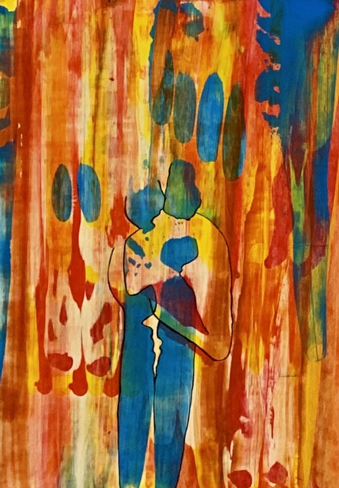 Abstract painting of a family with colorful background streaks