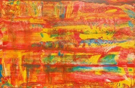 Abstract painting with vibrant red, yellow, green, and blue brushstrokes.
