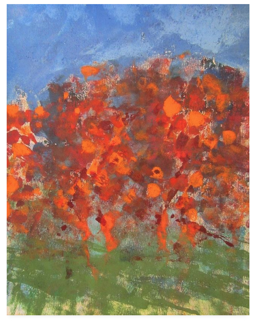 Abstract painting of colorful trees with red and orange leaves, blue sky, and green grass.