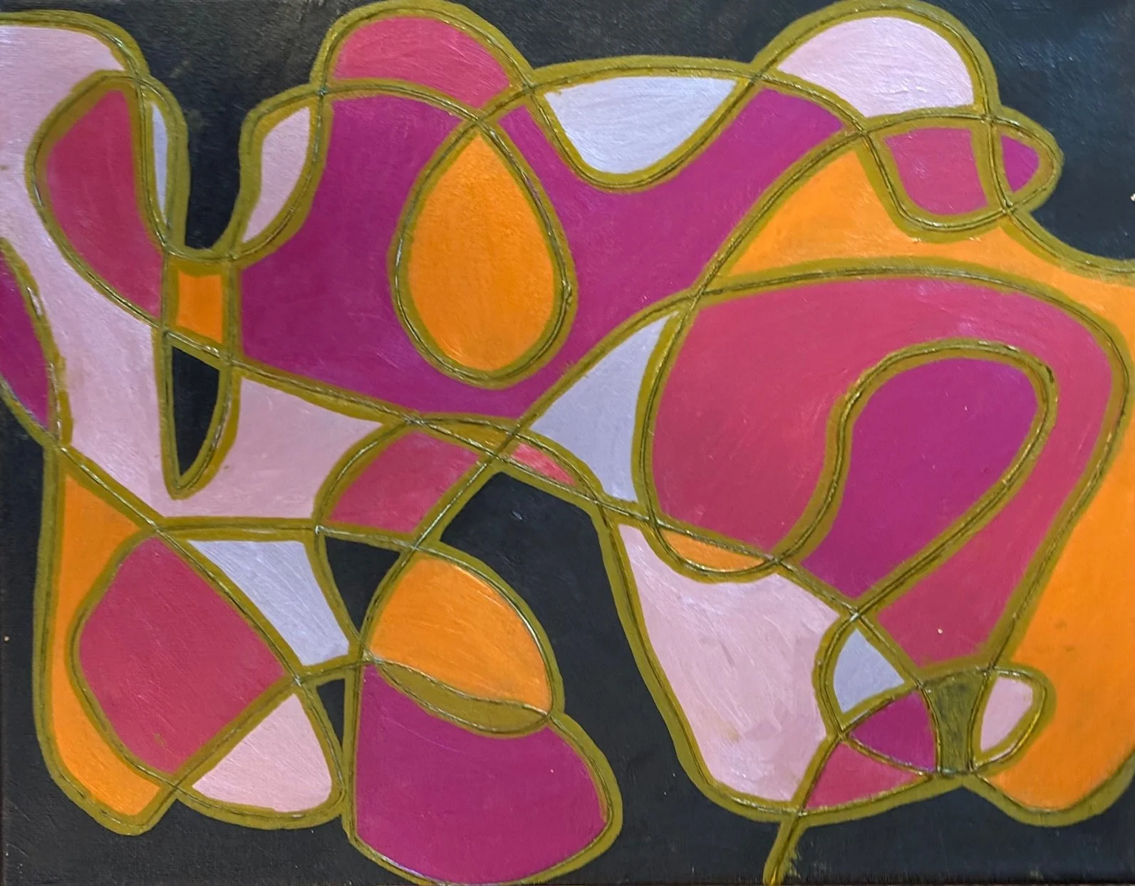 Abstract colorful artwork featuring irregular shapes in pink, orange, white, and black, outlined with gold lines.