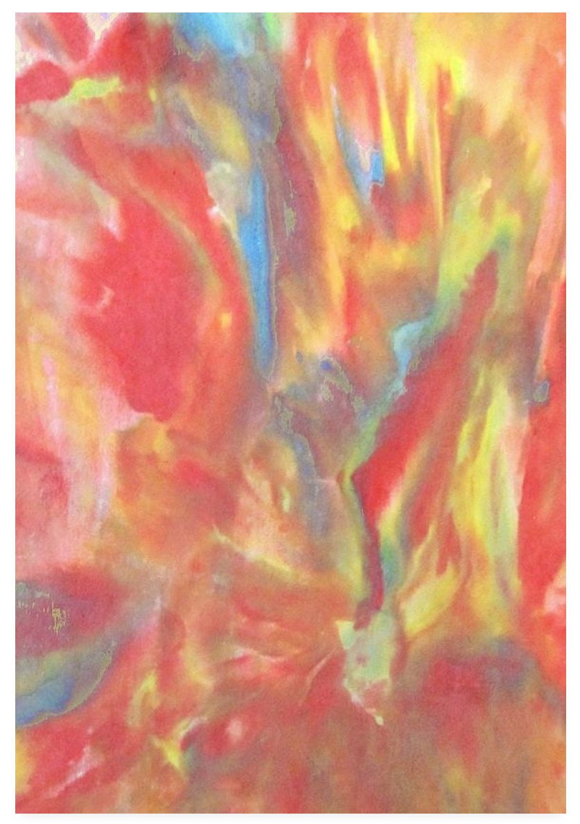 Abstract watercolor painting with swirls of red, yellow, blue, green, and purple hues blending together.