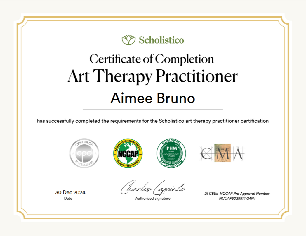 Certificate of completion for Art Therapy Practitioner awarded to Aimee Bruno by Scholistico, signed by Charles Capinte, dated December 30, 2024, with various accreditation logos.