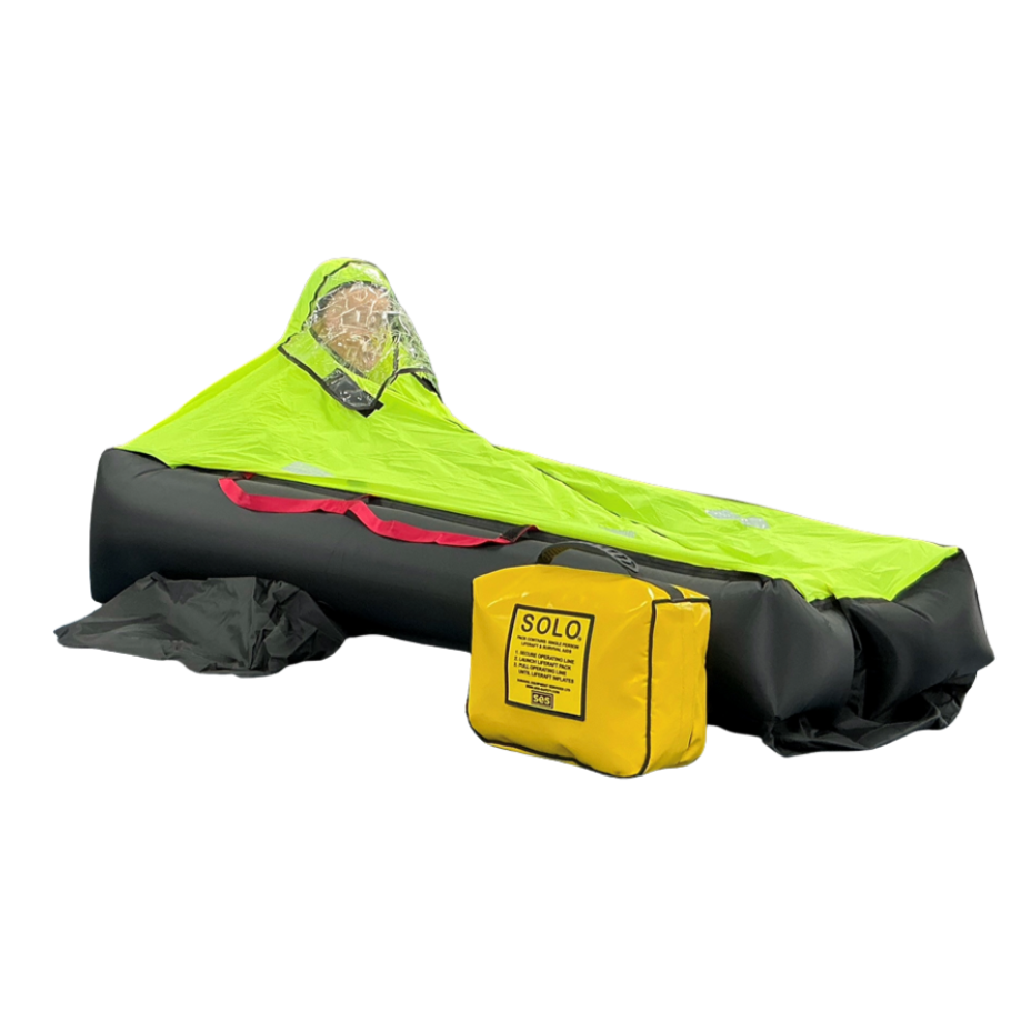 Inflatable boat with a yellow waterproof bag and a protective canopy, designed for solo water navigation.