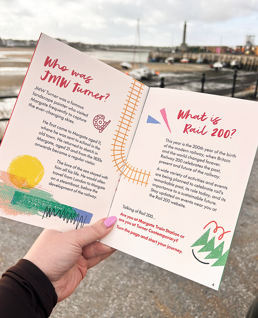 Photo of a spread from the Turner 250 X Rail 200 A5 learning resource booklet, with Margate harbour arm, boats and a cloudy sky visible in the background.