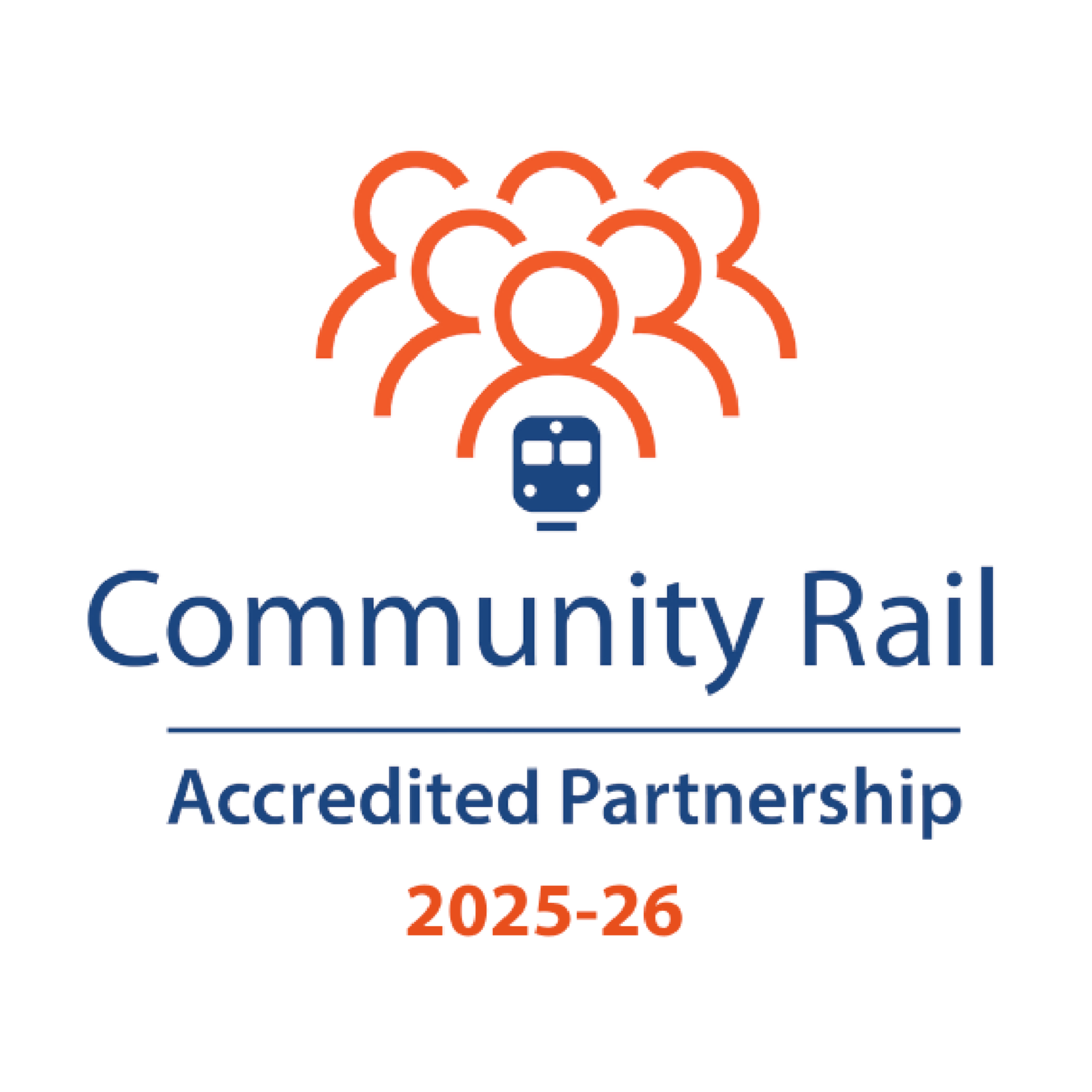 Logo for Community Rail featuring a stylized train and a group of orange human figures, with the text 'Community Rail', 'Accredited Partnership', and the years '2025-26'.