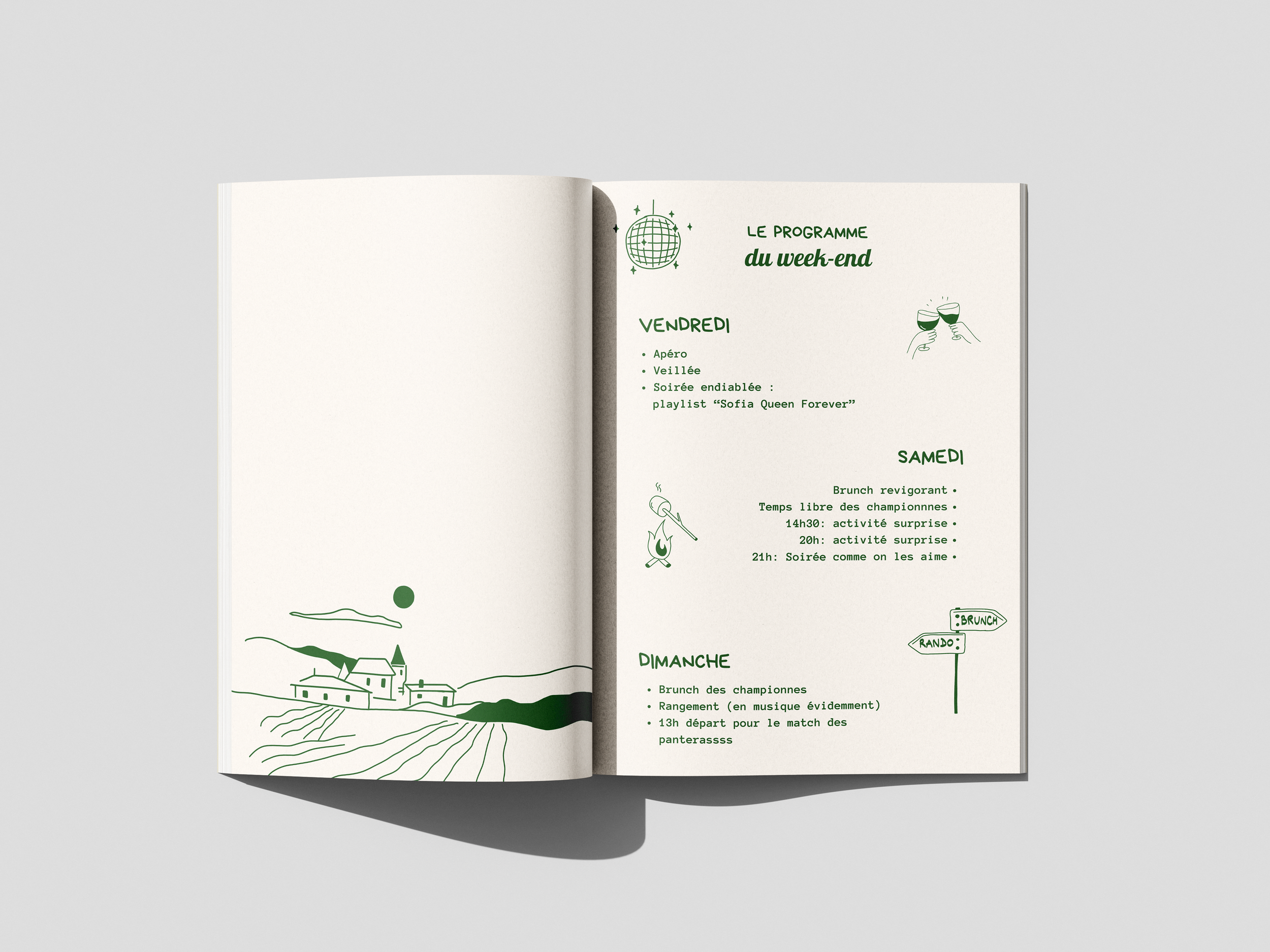 Un carnet ouvert montrant le programme d'un week-end avec des activités telles que apéro, veillée, brunch, activités surprises, et football, avec des illustrations de style minimaliste en vert.