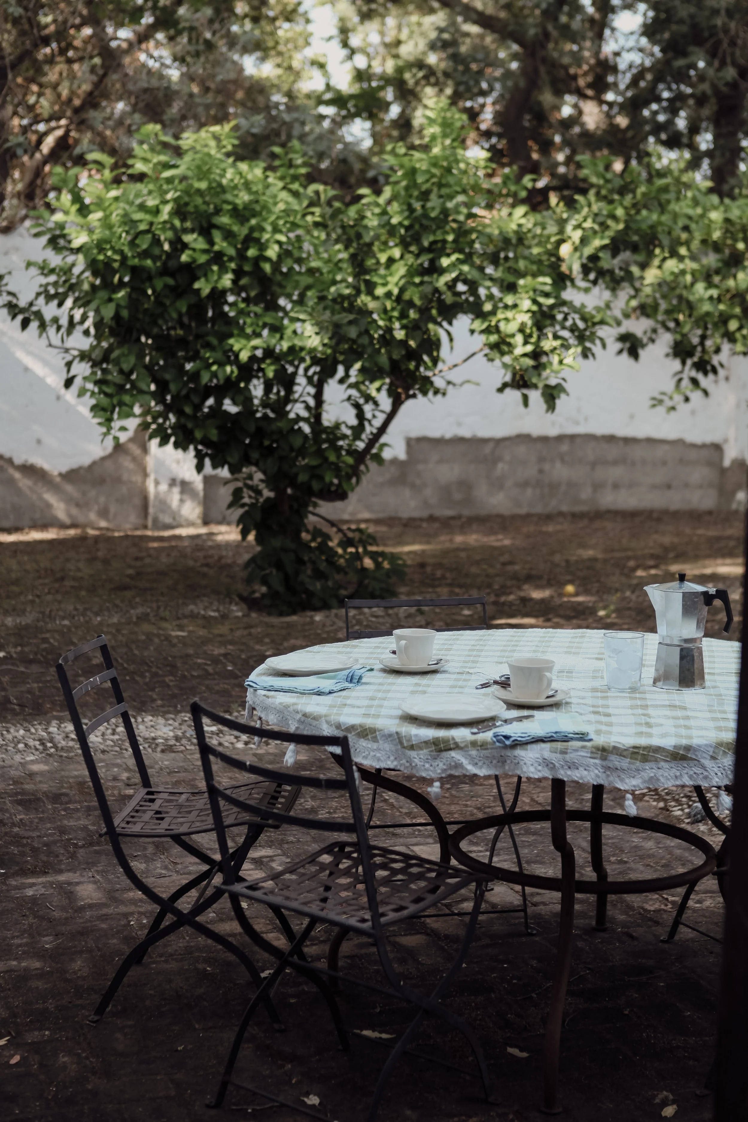 Une table dressée avec des assiettes, des tasses, des cuillères, un cafetière moka, et des verres, placée dans un jardin en plein air avec un arbre vert en arrière-plan.