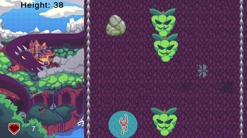 A scene from a video game with a cartoon character on a purple background, three green tiki masks, a spinning skull, a heart icon with 7 lives, and a mountain landscape with trees and a river in the background.