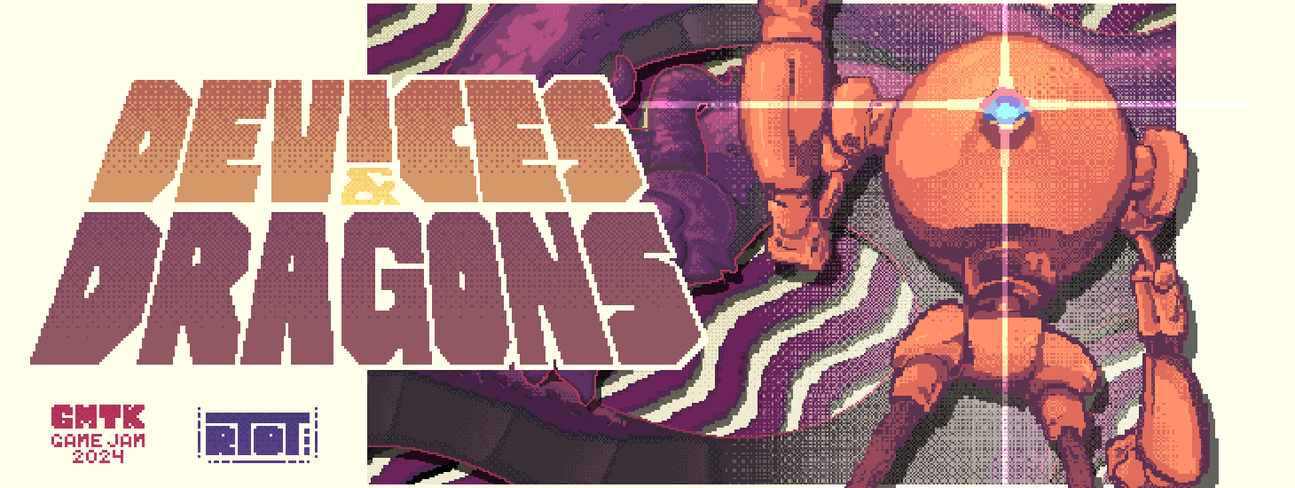 Pixel art style illustration of a giant orange robot with blue eye, dark face, and multiple limbs, standing on a surreal, colorful landscape with swirling patterns and a purple and black backdrop. "PEWTERS & DRAGONS" text in large pixelated font and logos at the bottom.