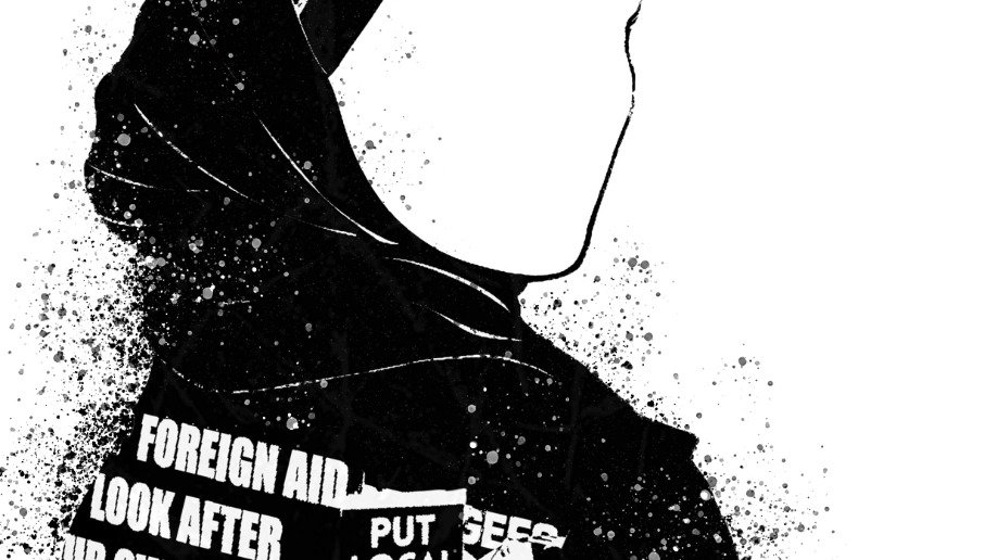 A black and white artistic illustration of a person's face in profile with abstract splatters. The person is wearing a hoodie with various partial text visible, including "FOREIGN AID" and "LOOK AFTER."