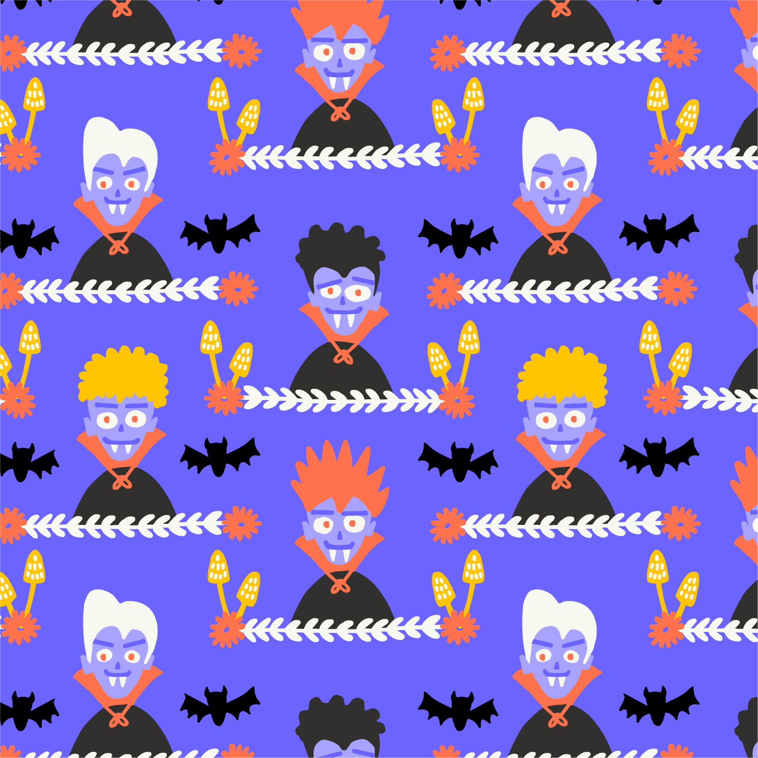 A colorful pattern featuring cartoon vampires with different hair styles and pale purple skin, surrounded by black bats, orange flowers, yellow placentas, and white elongated foliage on a blue background.