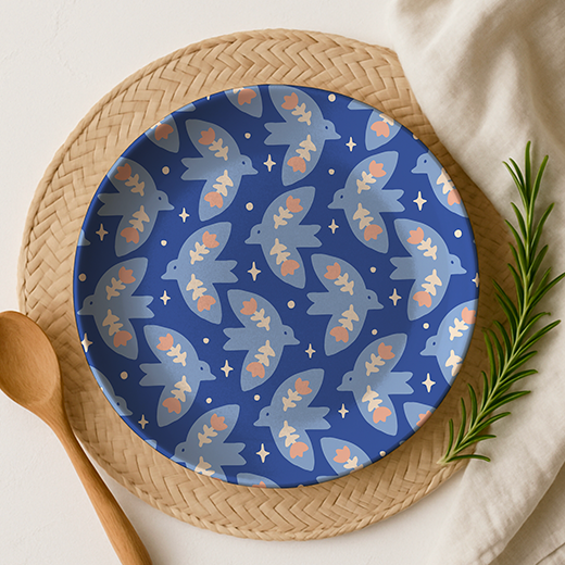 A plate setting with spook and napkin with a blue dove pattern on the plate