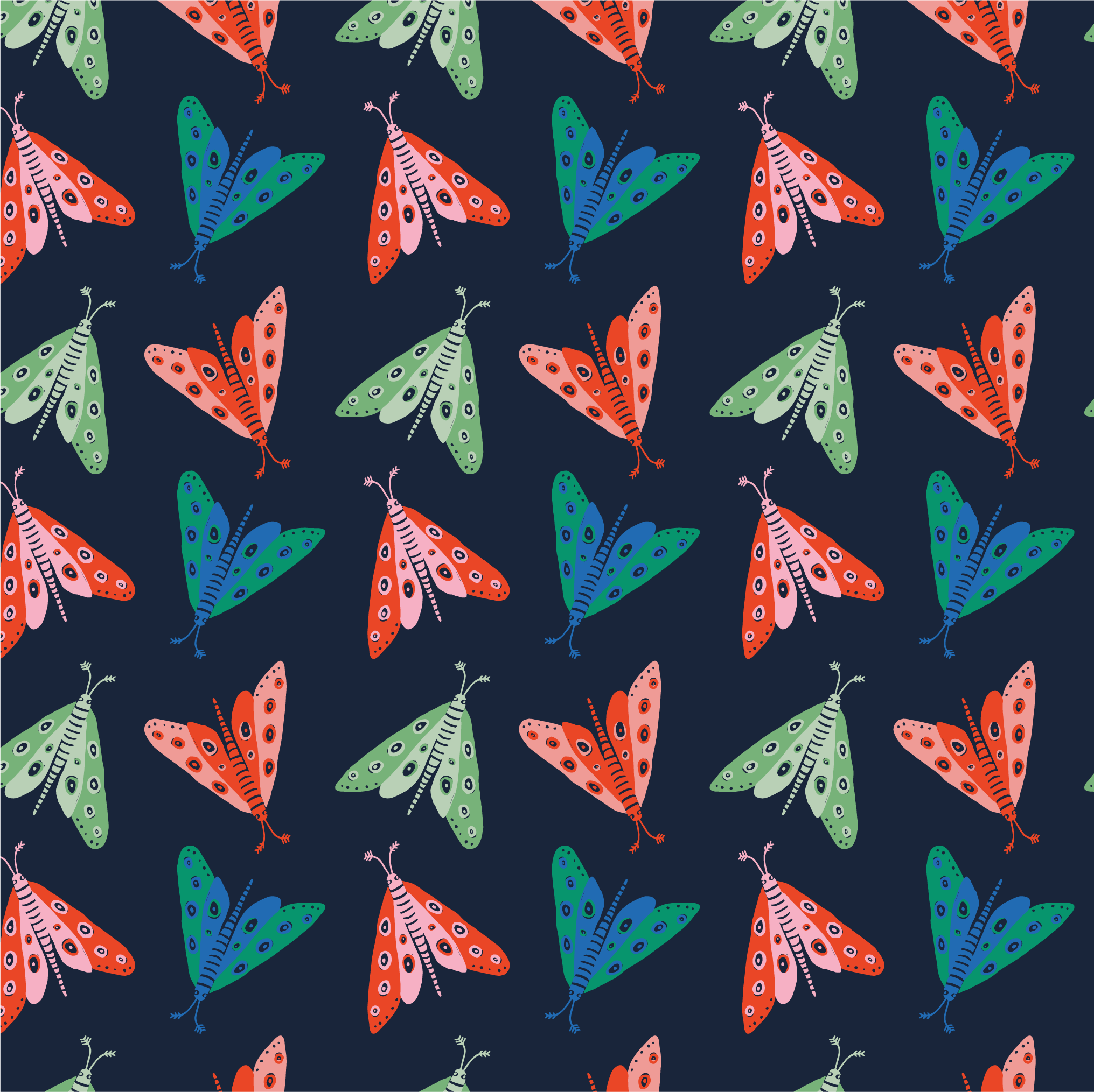 Seamless pattern of colorful butterflies on a dark background.
