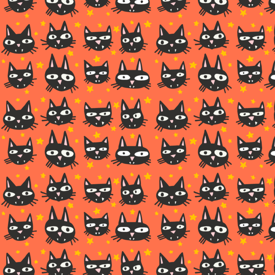 Pattern of black cartoon cat faces with white eyes and pink noses on a coral background, with small yellow stars scattered throughout.