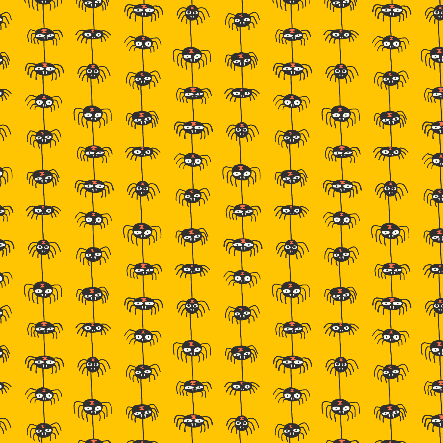 Pattern of black spiders with red markings on a yellow background, arranged in vertical rows.