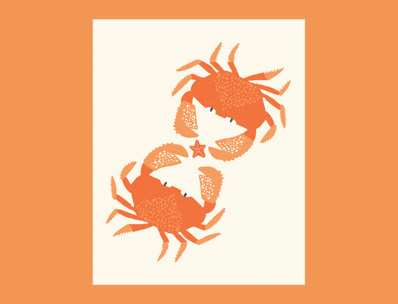 Illustration of two orange crabs on a cream background with a small starfish between them.