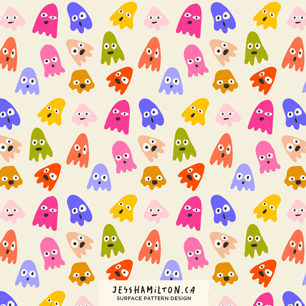Colorful cartoon ghost characters with wide eyes and open mouths on a light background, arranged in a repeated pattern.