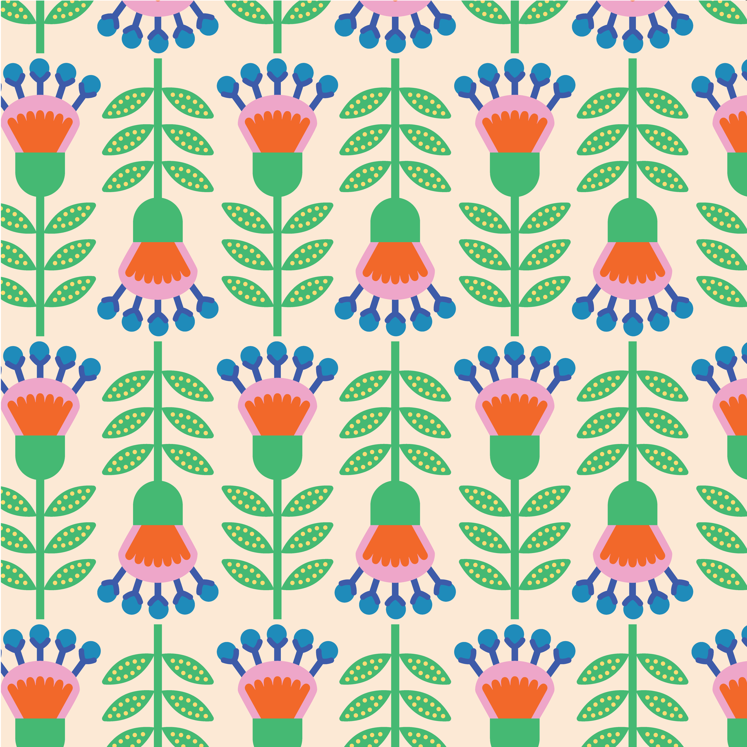 A seamless pattern of stylized flowers with green stems, pink petals, orange centers, and blue accents on a light background.