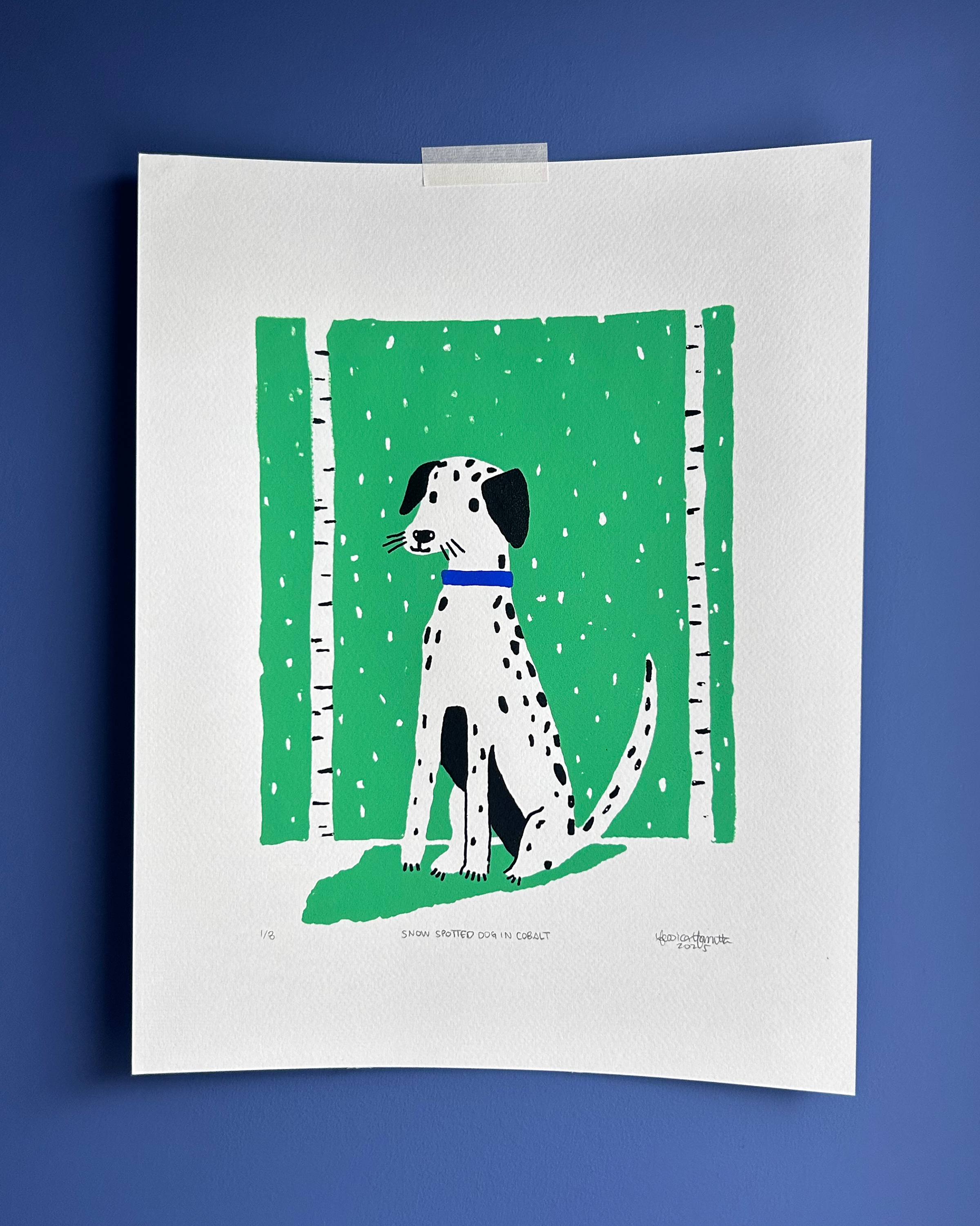 Snow spotted dog in cobalt