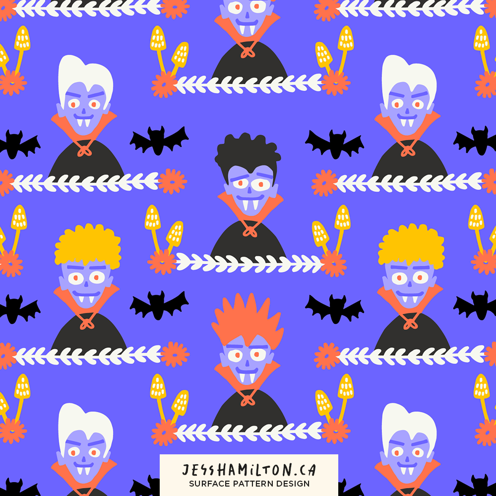 A colorful Halloween pattern with cartoon vampire characters, bats, and flowers on a purple background.