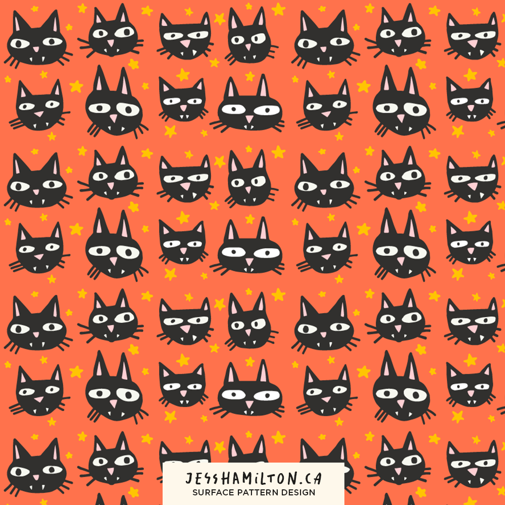 Pattern of black cat faces with white eyes, wearing glasses, on an orange background with yellow stars.