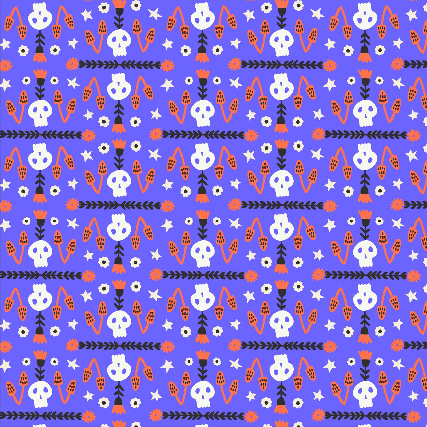 Pattern featuring white skulls, orange flowers, black stems, and small white stars on a purple background.