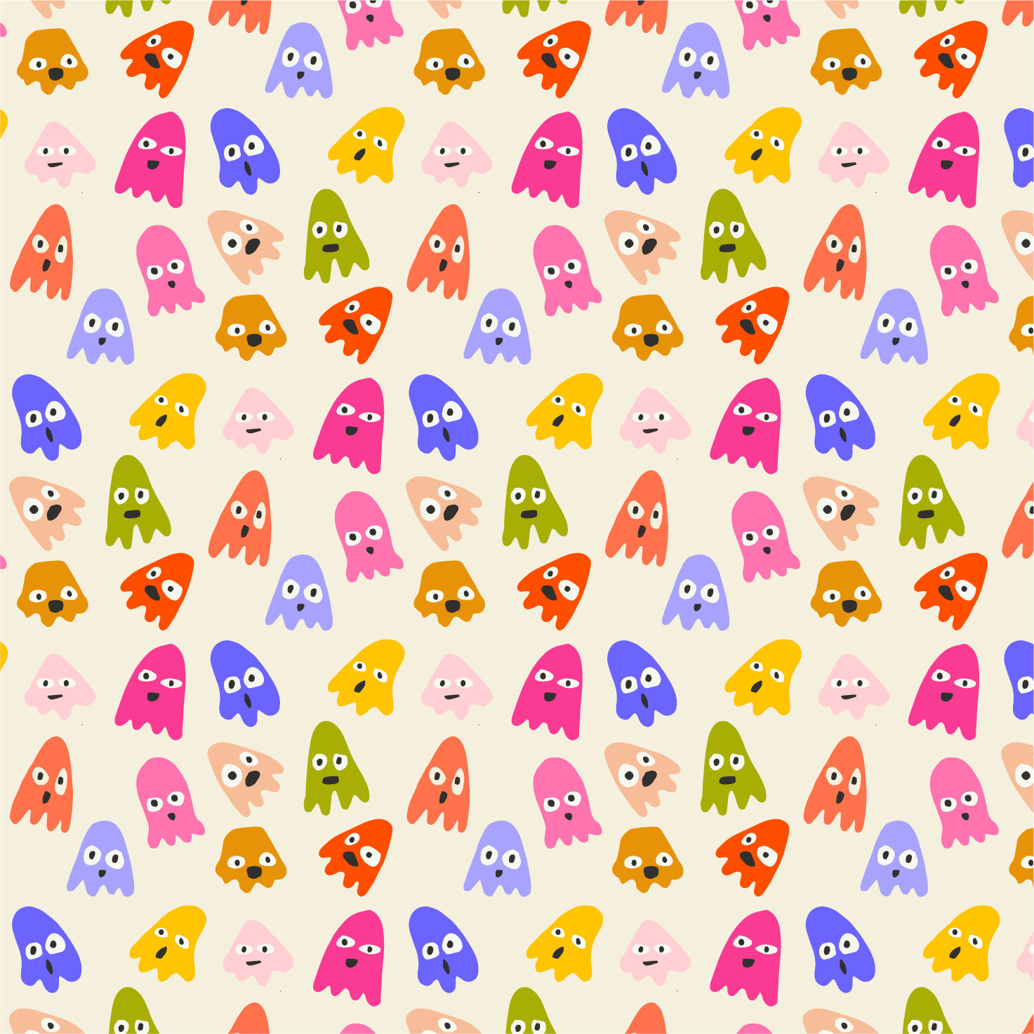 Pattern of colorful cartoon ghost characters on a cream background.