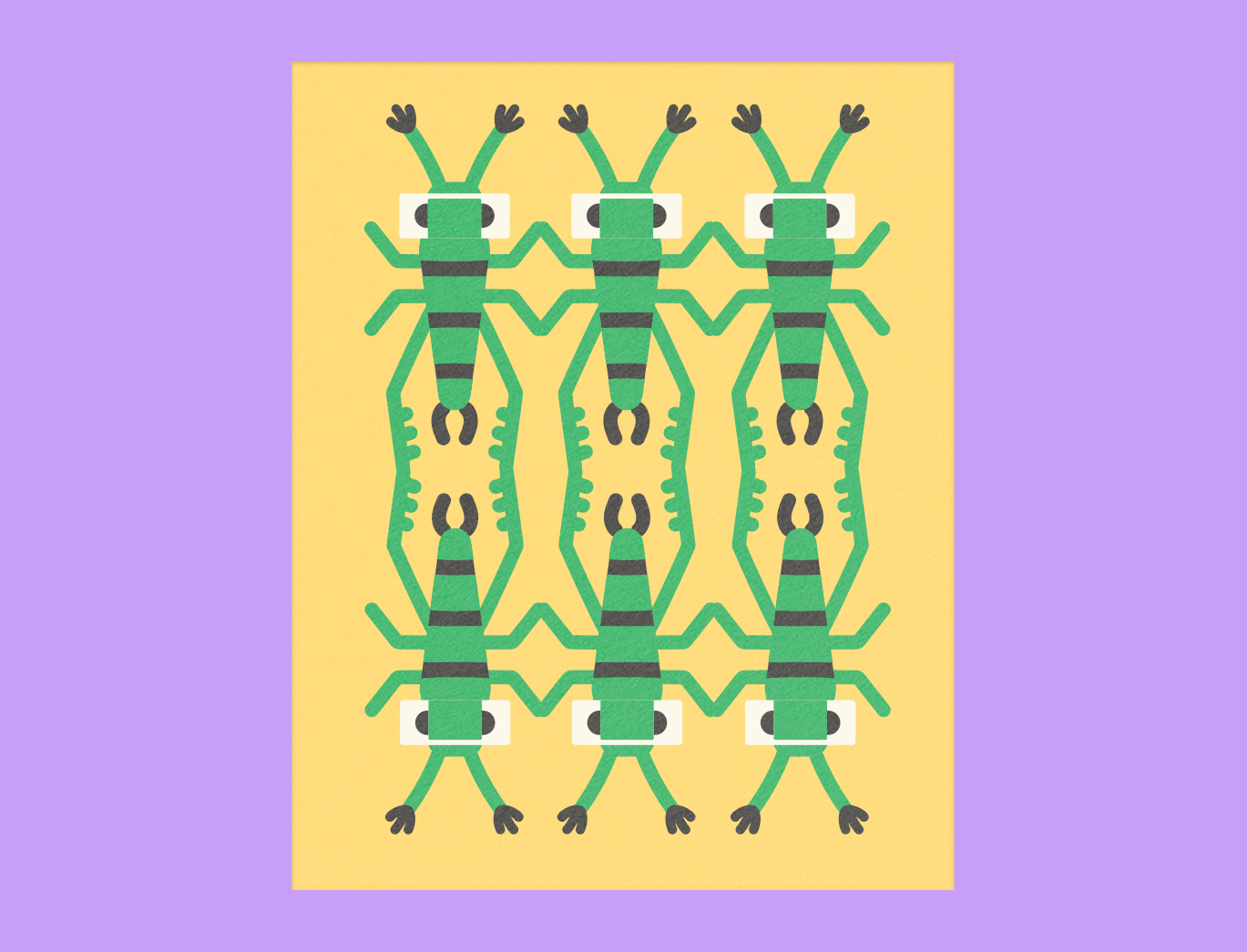 Pattern of green and black striped insects with white square eyes on a yellow background, bordered by light purple.