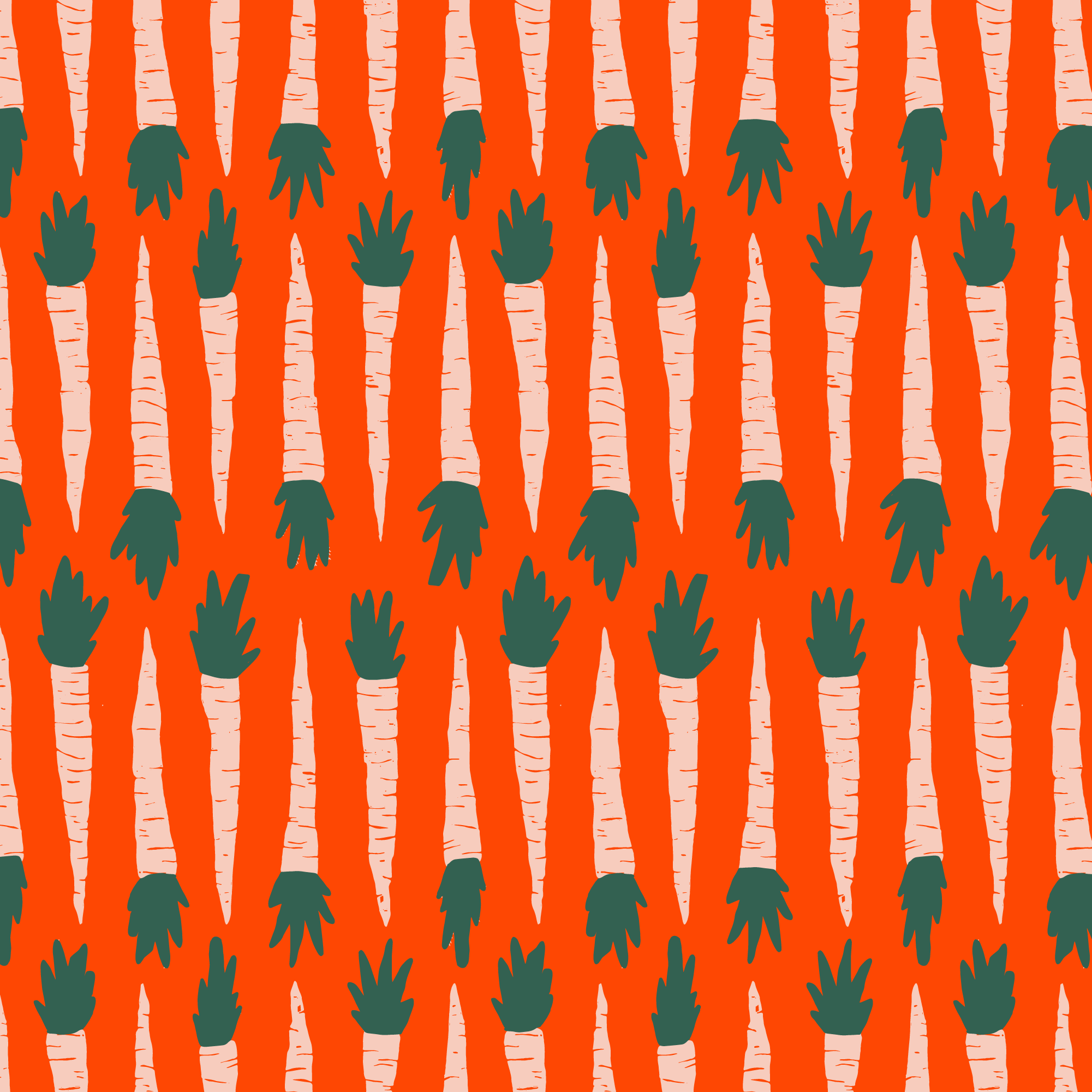 Pattern of stylized carrots with orange background, pinkish-white carrots with green tops arranged in vertical rows.