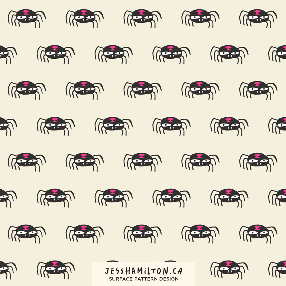 Repeated pattern of cartoon black spiders with large white eyes, pink markings on their heads, and eight legs, on a light beige background.