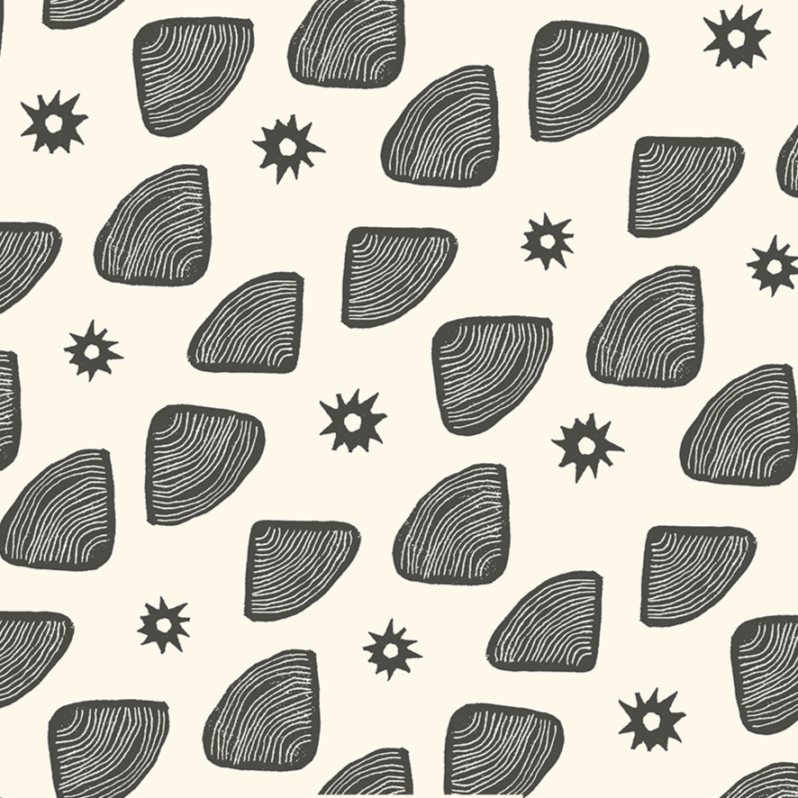 Black abstract shapes and star-like symbols on a white background.