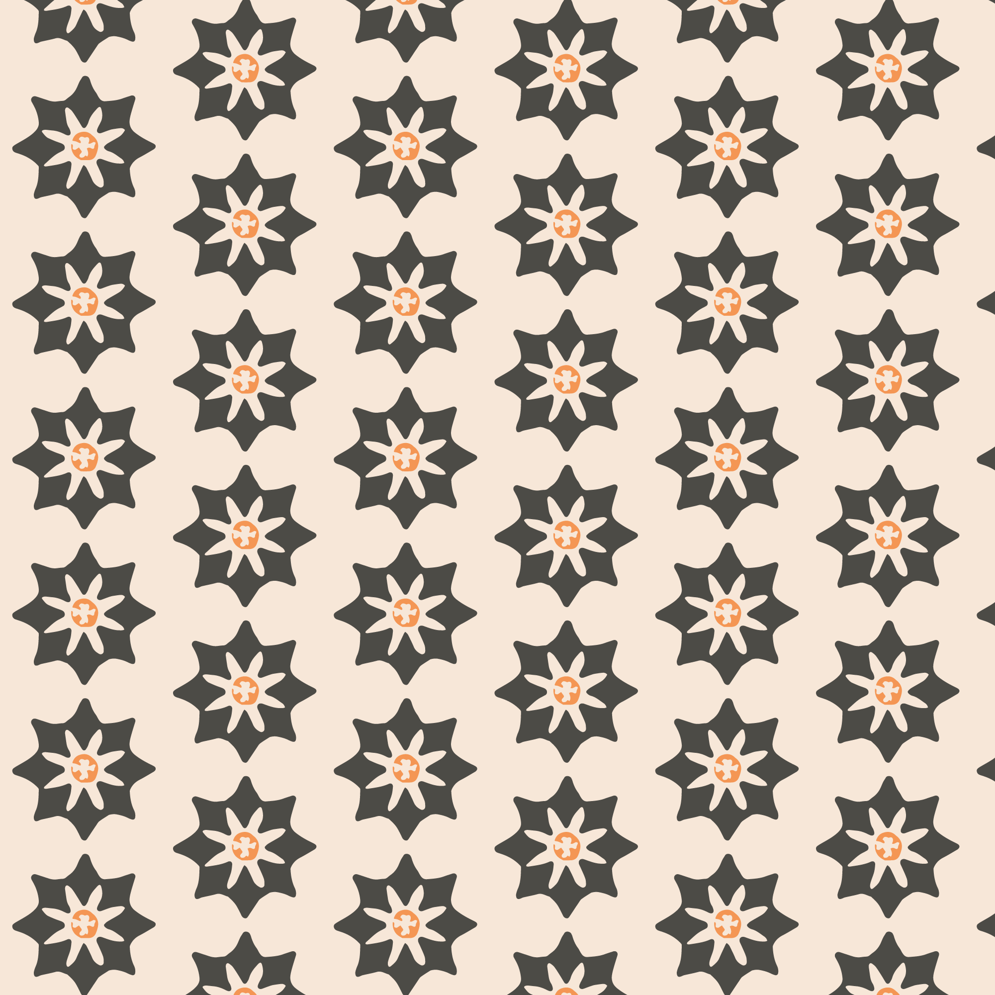 Pattern of stylized black star-shaped flowers with orange centers on a light beige background.